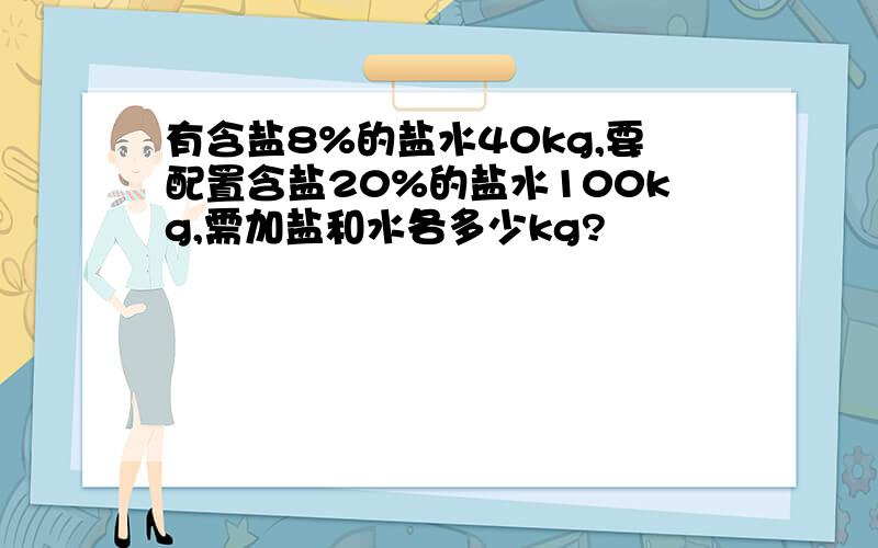 有含盐8%的盐水40kg,要配置含盐20%的盐水100kg,需加盐和水各多少kg?