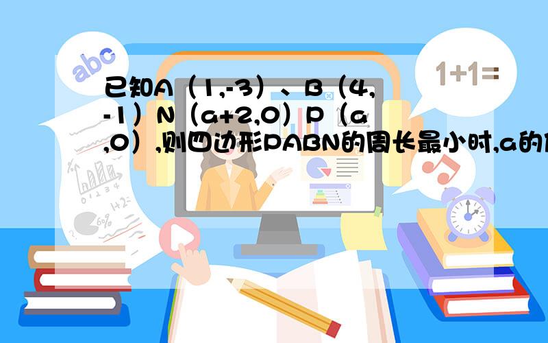 已知A（1,-3）、B（4,-1）N（a+2,0）P（a,0）,则四边形PABN的周长最小时,a的值是多少?