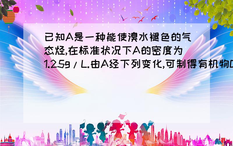 已知A是一种能使溴水褪色的气态烃,在标准状况下A的密度为1.25g/L.由A经下列变化,可制得有机物CH3COOCH2CH3（乙酸乙酯）.A→B→C→E→→CH3COOCH2CH3↓↓ ↑ ↓↓→→→→↓F（高分子化合物）回答