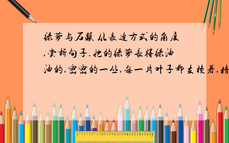 绿萝与石头 从表达方式的角度,赏析句子.她的绿萝长得绿油油的,密密的一丛,每一片叶子都支棱着,精神的很;不像我们办公室的绿萝,又蔫又稀.