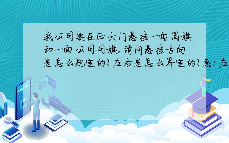 我公司要在正大门悬挂一面国旗和一面公司司旗,请问悬挂方向是怎么规定的?左右是怎么界定的?急!左和右到底是以站在门口向外来界定还是以站在外面正对门口来界定!