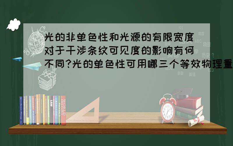 光的非单色性和光源的有限宽度对于干涉条纹可见度的影响有何不同?光的单色性可用哪三个等效物理量描述?