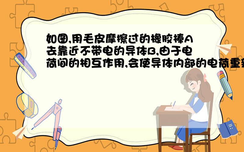 如图,用毛皮摩擦过的橡胶棒A去靠近不带电的导体B,由于电荷间的相互作用,会使导体内部的电荷重新分布.请用“+”或“—”在导体B的两端大致标出所带的正负电荷.