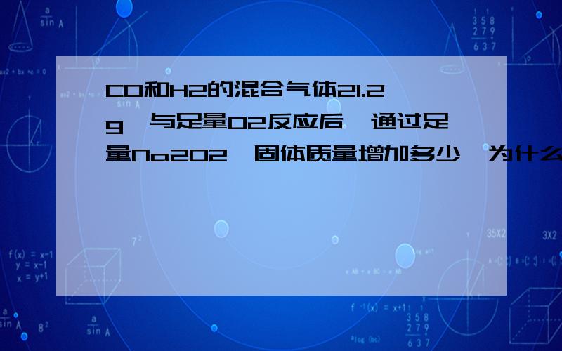 CO和H2的混合气体21.2g,与足量O2反应后,通过足量Na2O2,固体质量增加多少,为什么