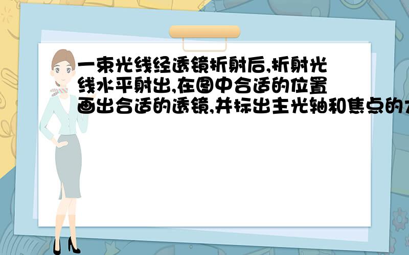 一束光线经透镜折射后,折射光线水平射出,在图中合适的位置画出合适的透镜,并标出主光轴和焦点的大致位置图描述：1个向上斜的箭头和一根平行线