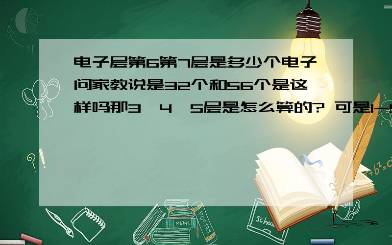 电子层第6第7层是多少个电子问家教说是32个和56个是这样吗那3,4,5层是怎么算的? 可是1-5层不是 2 8 8 18 18吗? ===========我问的就是这个,化学做题时用的, 5层之后的是多少?