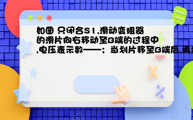 如图 只闭合S1,滑动变阻器的滑片向右移动至B端的过程中,电压表示数——；当划片移至B端后,再将电键S2闭合,电流表示数——（变大 变小,不变）