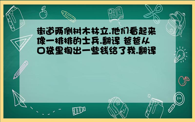 街道两侧树木林立.他们看起来像一排排的士兵.翻译 爸爸从口袋里掏出一些钱给了我.翻译