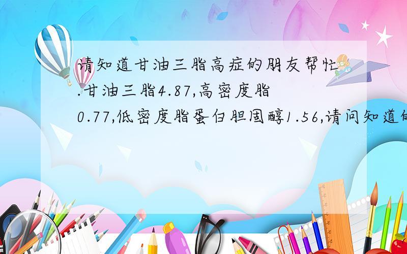 请知道甘油三脂高症的朋友帮忙.甘油三脂4.87,高密度脂0.77,低密度脂蛋白胆固醇1.56,请问知道的朋友我该咋办呀?我30岁,75m,体重80KG.还有B超检查是轻度脂肪肝.医生给我开的：辛伐他汀 5mg 1次\