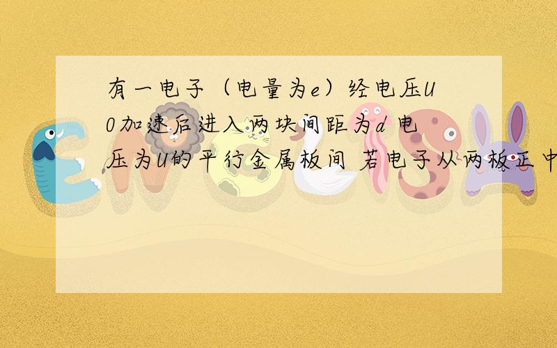 有一电子（电量为e）经电压U0加速后进入两块间距为d 电压为U的平行金属板间 若电子从两板正中间垂直电场方向入射且正好穿过电场问 电子穿出电场时的动能用动能定理EK＝U0e＋1/2Ue为啥是