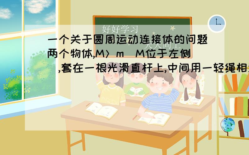 一个关于圆周运动连接体的问题两个物体,M＞m（M位于左侧）,套在一根光滑直杆上,中间用一轻绳相连,且两物体到达旋转中心的距离相等.如果旋转起来,将是哪一个先发生滑动,向那个方向滑动