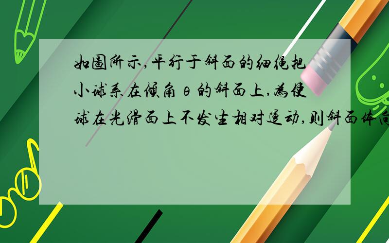 如图所示,平行于斜面的细绳把小球系在倾角θ的斜面上,为使球在光滑面上不发生相对运动,则斜面体向右和左的加速度最大为?