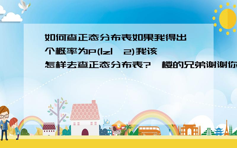 如何查正态分布表如果我得出一个概率为P(|z|≥2)我该怎样去查正态分布表?一楼的兄弟谢谢你,不过还是没有听懂不知道是否可以举个实际的查询的例子,.....不过还有点没明白,就是：查表可知