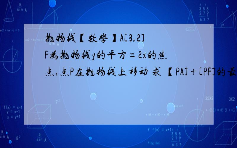 抛物线【数学】A[3,2] F为抛物线y的平方=2x的焦点,点P在抛物线上移动 求 【PA]+[PF]的最小值,P的坐标