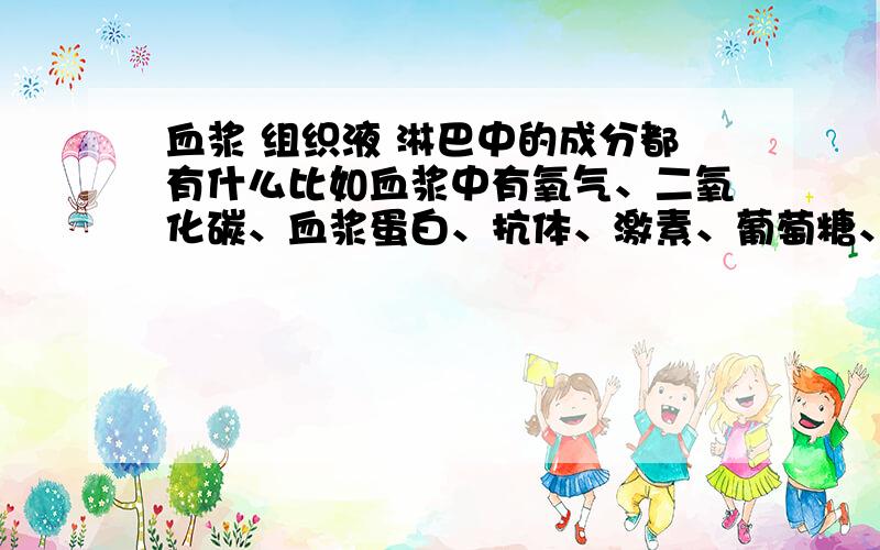 血浆 组织液 淋巴中的成分都有什么比如血浆中有氧气、二氧化碳、血浆蛋白、抗体、激素、葡萄糖、K+、Na+等】尽可能全的说明一下他们各自的成分好么