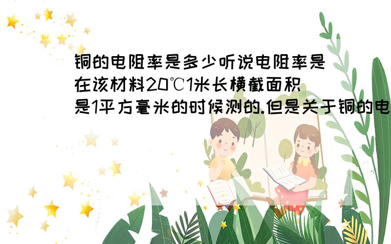 铜的电阻率是多少听说电阻率是在该材料20℃1米长横截面积是1平方毫米的时候测的.但是关于铜的电阻率我却看到了两种答案,0.017Ω和0.017μΩ.不知道哪个准确.1Ω=1000000μΩ 首先谢谢你们的回答