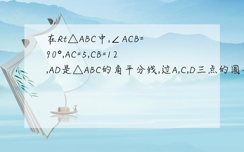 在Rt△ABC中,∠ACB=90°,AC=5,CB=12,AD是△ABC的角平分线,过A,C,D三点的圆与斜边AB交于点E,连接DE.求（1）BE的长（2）△ACD外接圆的半径