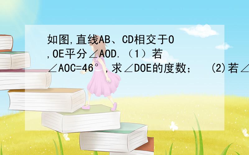 如图,直线AB、CD相交于O,OE平分∠AOD.（1）若∠AOC=46°,求∠DOE的度数；  (2)若∠AOC=x,求∠DOE的度数.