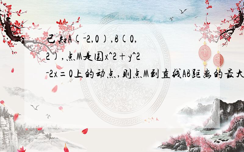 已知A(-2,0),B(0,2),点M是圆x^2+y^2-2x=0上的动点,则点M到直线AB距离的最大值是