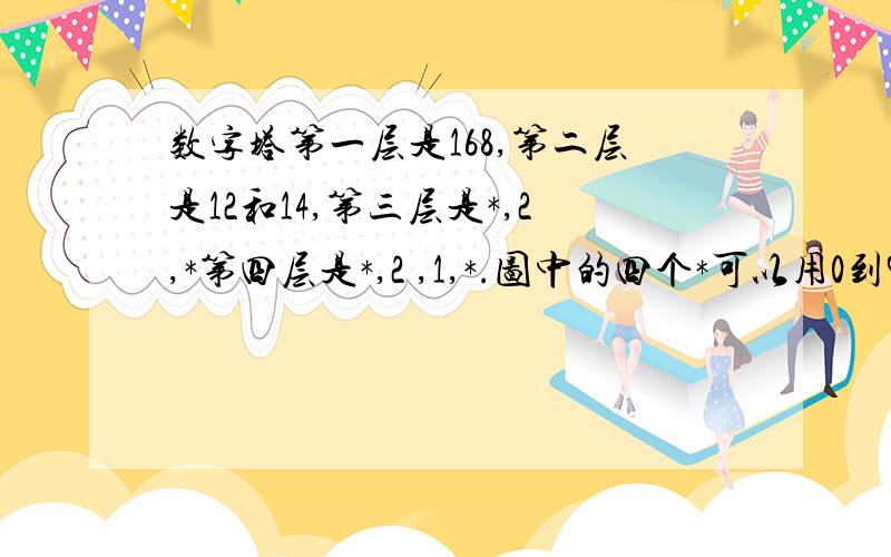 数字塔第一层是168,第二层是12和14,第三层是*,2,*第四层是*,2 ,1,*.图中的四个*可以用0到9代替,有什么规