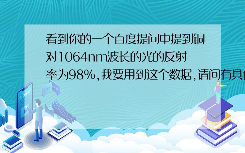 看到你的一个百度提问中提到铜对1064nm波长的光的反射率为98%,我要用到这个数据,请问有具体出处吗