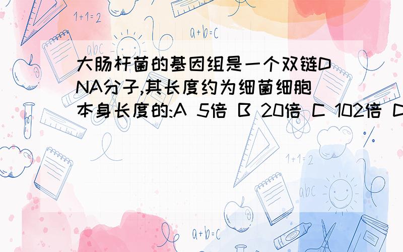 大肠杆菌的基因组是一个双链DNA分子,其长度约为细菌细胞本身长度的:A 5倍 B 20倍 C 102倍 D 103倍 E 106倍