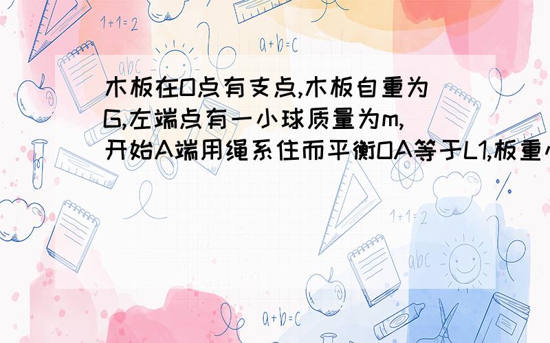 木板在O点有支点,木板自重为G,左端点有一小球质量为m,开始A端用绳系住而平衡OA等于L1,板重心到支点距离为L2,若小球沿板向右匀速直线运动,问球运动多少时间该平衡系统会破坏?球向右运动