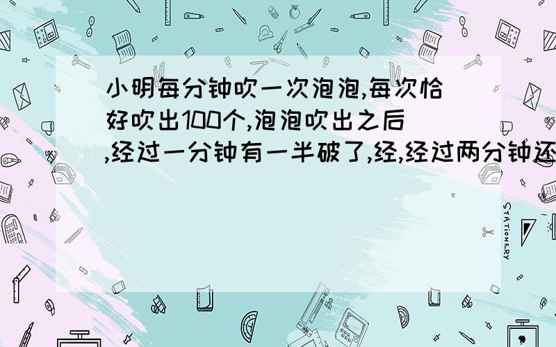 小明每分钟吹一次泡泡,每次恰好吹出100个,泡泡吹出之后,经过一分钟有一半破了,经,经过两分钟还有二十分之一没有破,经过两分半钟肥皂泡泡全破了,在第50次吹出了100个肥皂泡泡的时候,没有