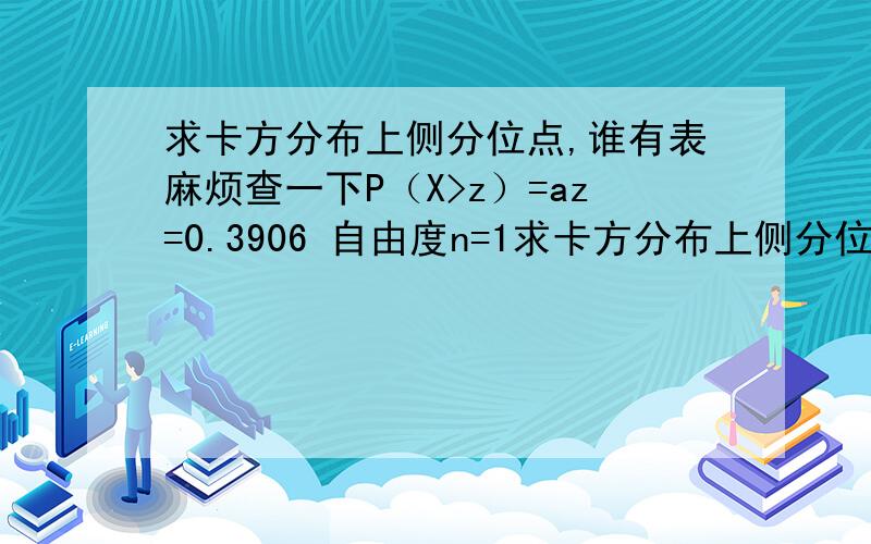 求卡方分布上侧分位点,谁有表麻烦查一下P（X>z）=az=0.3906 自由度n=1求卡方分布上侧分位点a（应该是在0.5左右的）或者有没有人可以用matlab算？