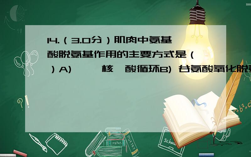 14.（3.0分）肌肉中氨基酸脱氨基作用的主要方式是（ ）A) 嘌呤核苷酸循环B) 谷氨酸氧化脱氨基作用C) 转氨基作用D) 鸟氨酸循环E) 转氨基与谷氨酸氧化脱氨基的联合15.（3.0分）体内氨储存及运