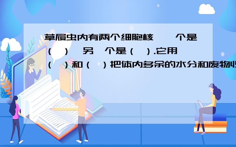 草履虫内有两个细胞核,一个是（ ）,另一个是（ ）.它用（ ）和（ ）把体内多余的水分和废物收集起来