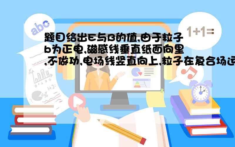 题目给出E与B的值,由于粒子b为正电,磁感线垂直纸面向里,不做功,电场线竖直向上,粒子在复合场运动只受电场力,是用Eq=ma,还是Eq=mg,还是Eq=mr／v^2?粒子在匀强电场可以圆周运动吗?到底什么时候