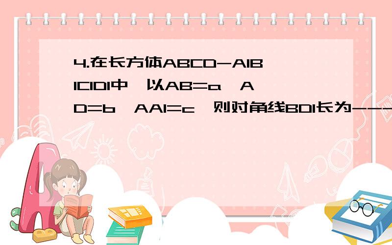 4.在长方体ABCD-A1B1C1D1中,以AB=a,AD=b,AA1=c,则对角线BD1长为-----