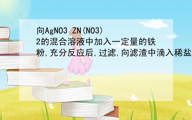 向AgNO3 ZN(NO3)2的混合溶液中加入一定量的铁粉,充分反应后,过滤,向滤渣中滴入稀盐酸,有无色气体产生则下列说法正确的是A.滤渣中可能含有AgNO3 B.滤液中一定含有Zn(NO3)2和Fe(NO3)2C.滤渣中可能含