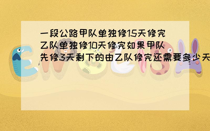 一段公路甲队单独修15天修完乙队单独修10天修完如果甲队先修3天剩下的由乙队修完还需要多少天才能完成任务