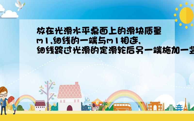 放在光滑水平桌面上的滑块质量m1,细线的一端与m1相连,细线跨过光滑的定滑轮后另一端施加一竖直向下的拉力F=m2g,则m1的加速度为 若细线的另一端挂一重m2g的物体,则m1的加速度又是