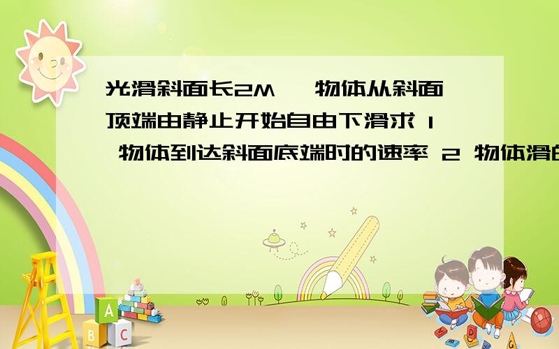 光滑斜面长2M 一物体从斜面顶端由静止开始自由下滑求 1 物体到达斜面底端时的速率 2 物体滑的时间