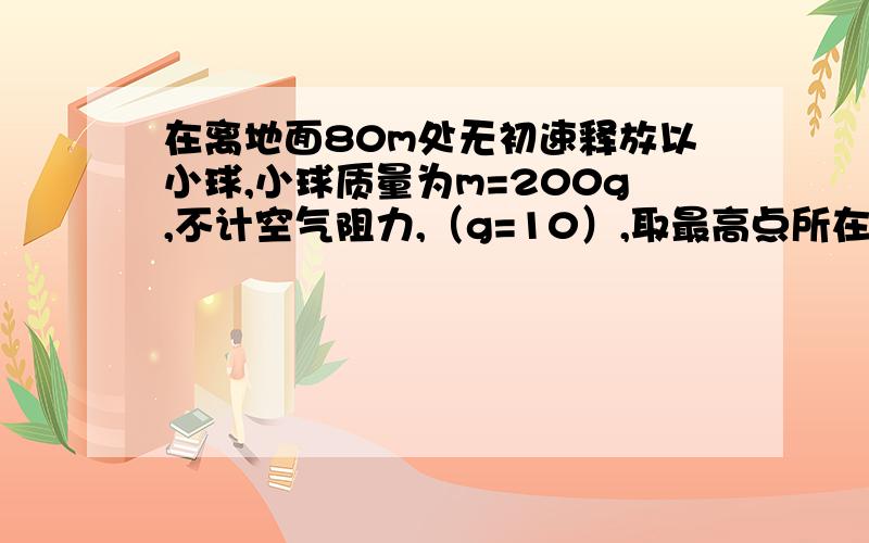 在离地面80m处无初速释放以小球,小球质量为m=200g,不计空气阻力,（g=10）,取最高点所在的水平面为参考平面.（1）在第2s末小球的重力势能?（2）在第3s末内的重力所做的功以及重力时能的变化