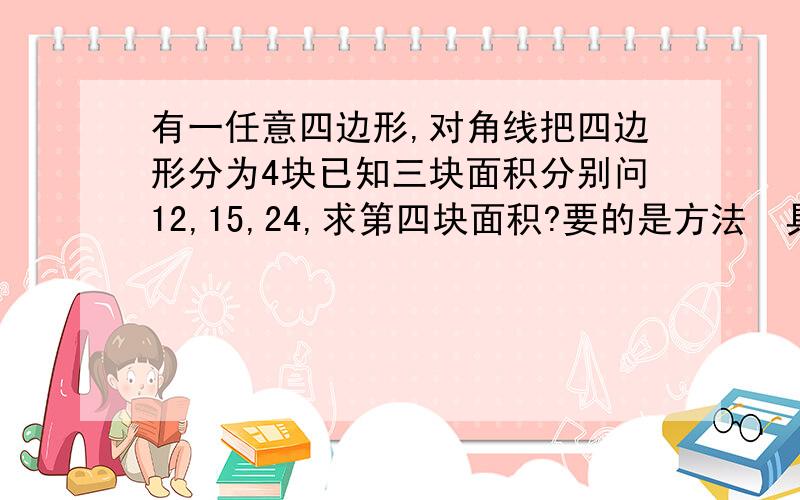 有一任意四边形,对角线把四边形分为4块已知三块面积分别问12,15,24,求第四块面积?要的是方法  具体步奏  速度 在线等