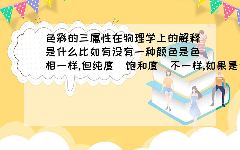 色彩的三属性在物理学上的解释是什么比如有没有一种颜色是色相一样,但纯度(饱和度)不一样,如果是这样的话,他们在物理学中的区别是什么(即光谱学上的区别),纯度和明度在光谱学上的反