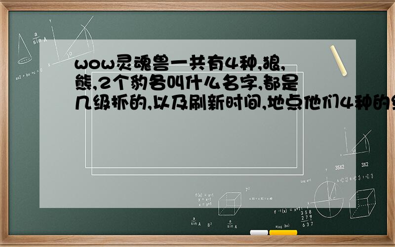 wow灵魂兽一共有4种,狼,熊,2个豹各叫什么名字,都是几级抓的,以及刷新时间,地点他们4种的级数