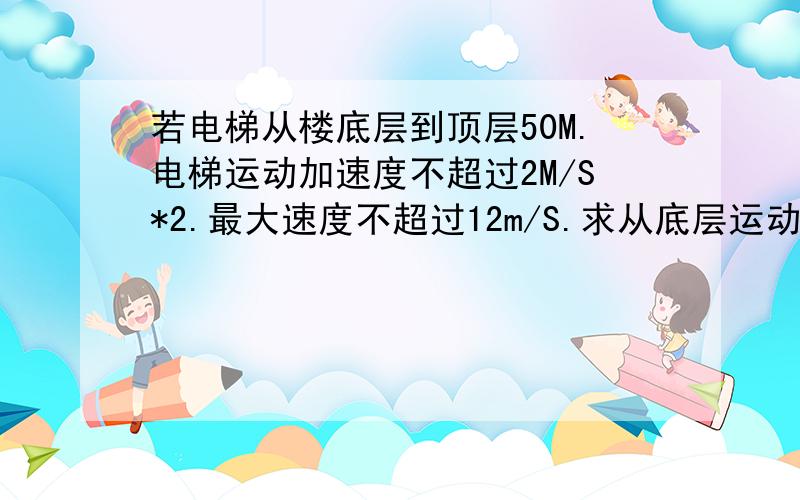 若电梯从楼底层到顶层50M.电梯运动加速度不超过2M/S*2.最大速度不超过12m/S.求从底层运动到顶层需时间·越详细越好,越清楚越好.