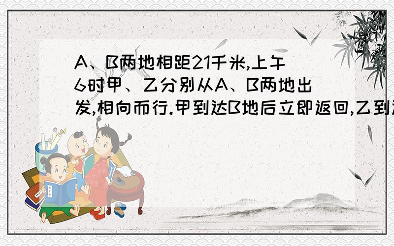 A、B两地相距21千米,上午6时甲、乙分别从A、B两地出发,相向而行.甲到达B地后立即返回,乙到达A地后也立即返回,上午9时他们第二次相遇,此时甲行的路程比乙行的路程多9千米,甲每小时行多少