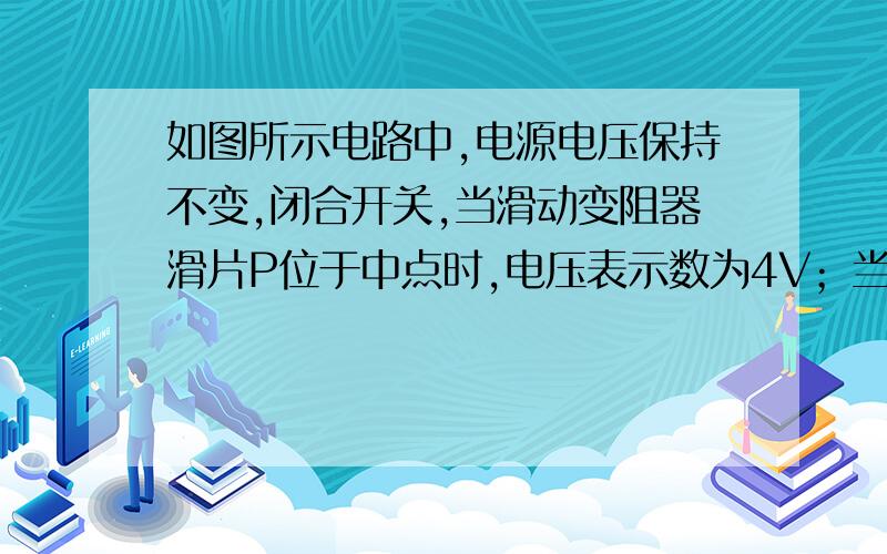 如图所示电路中,电源电压保持不变,闭合开关,当滑动变阻器滑片P位于中点时,电压表示数为4V；当滑片 P位于b点时,电压表示数变化了2V,在15s内定值电阻R1产生的热量为60J.则下列结果正确的是A: