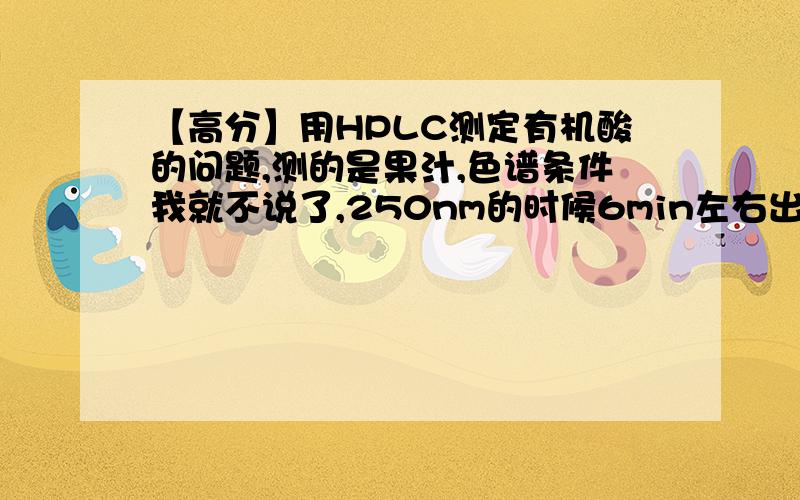 【高分】用HPLC测定有机酸的问题,测的是果汁,色谱条件我就不说了,250nm的时候6min左右出的峰已确定为维他命C,在同种色谱条件下改用210nm测定,同一时间有一个明显矮了很多的小峰,是不是可以