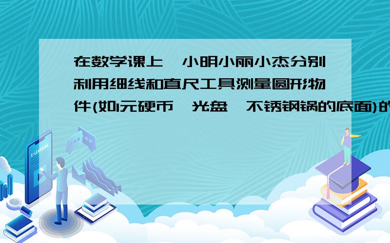 在数学课上,小明小丽小杰分别利用细线和直尺工具测量圆形物件(如1元硬币、光盘、不锈钢锅的底面)的直径长和周长.结果如下表所示.测量者:小明 小丽 小杰测量物件:1元硬币 3.5寸光盘 不锈