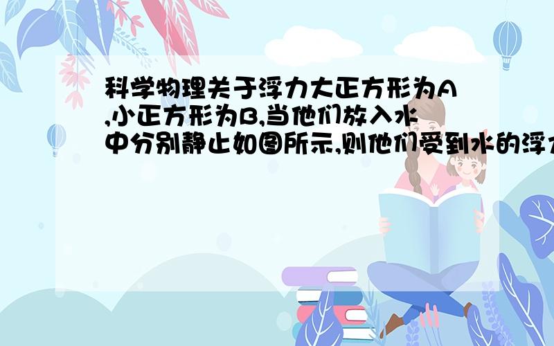 科学物理关于浮力大正方形为A,小正方形为B,当他们放入水中分别静止如图所示,则他们受到水的浮力FA___FB(填大于小于或等于)要理由啊