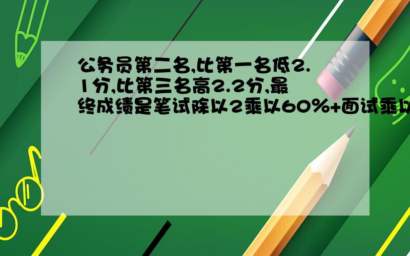 公务员第二名,比第一名低2.1分,比第三名高2.2分,最终成绩是笔试除以2乘以60％+面试乘以40％