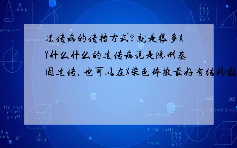 遗传病的传播方式?就是很多XY什么什么的遗传病说是隐形基因遗传，也可以在X染色体撒最好有结构图