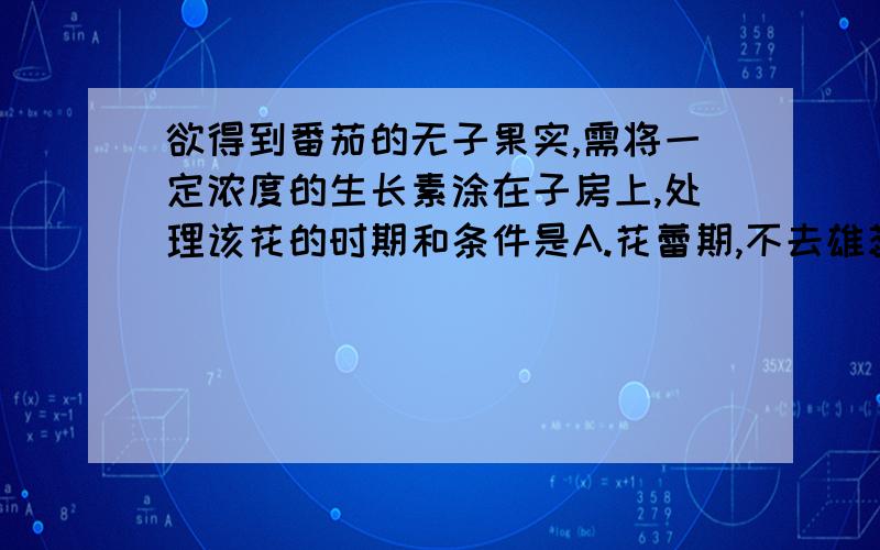 欲得到番茄的无子果实,需将一定浓度的生长素涂在子房上,处理该花的时期和条件是A.花蕾期,不去雄蕊.B.花蕾期,去掉雄蕊.C.开花期,不去雄蕊.D.开花期,去掉雄蕊.